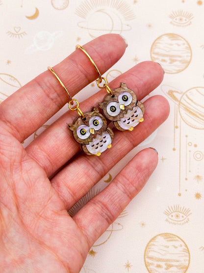 Medium Light Brown Glitter Marble Acrylic Great Horned Owl Dangle Earrings or Necklace – Hypoallergenic Stainless Steel