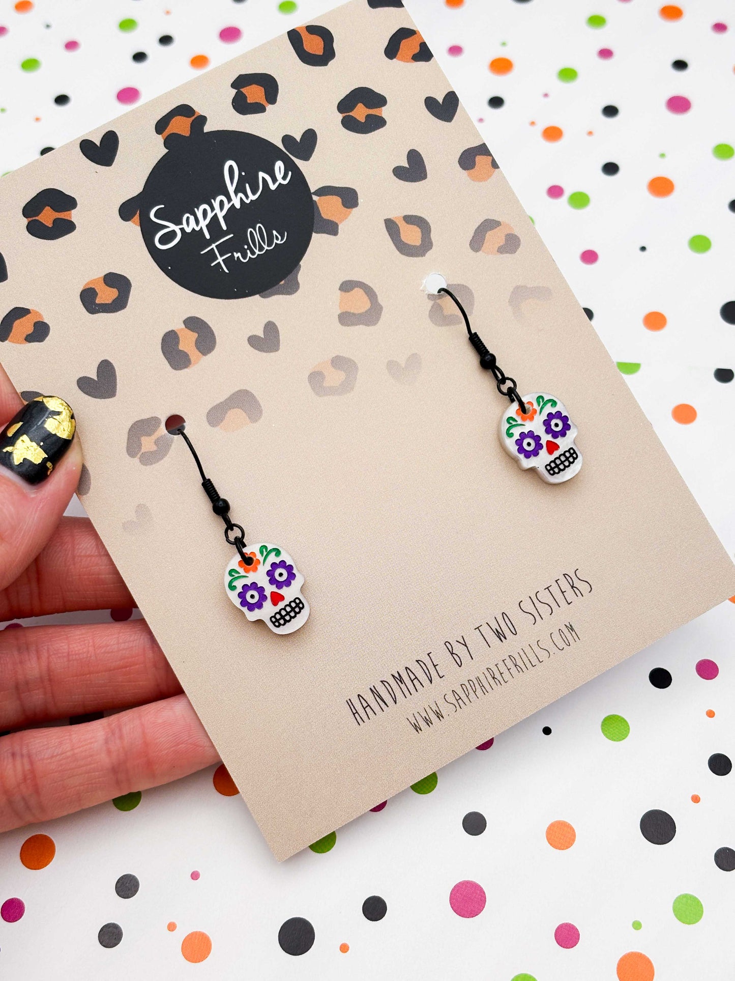 Small Halloween Rainbow Sugar Skull Dangle Earrings
