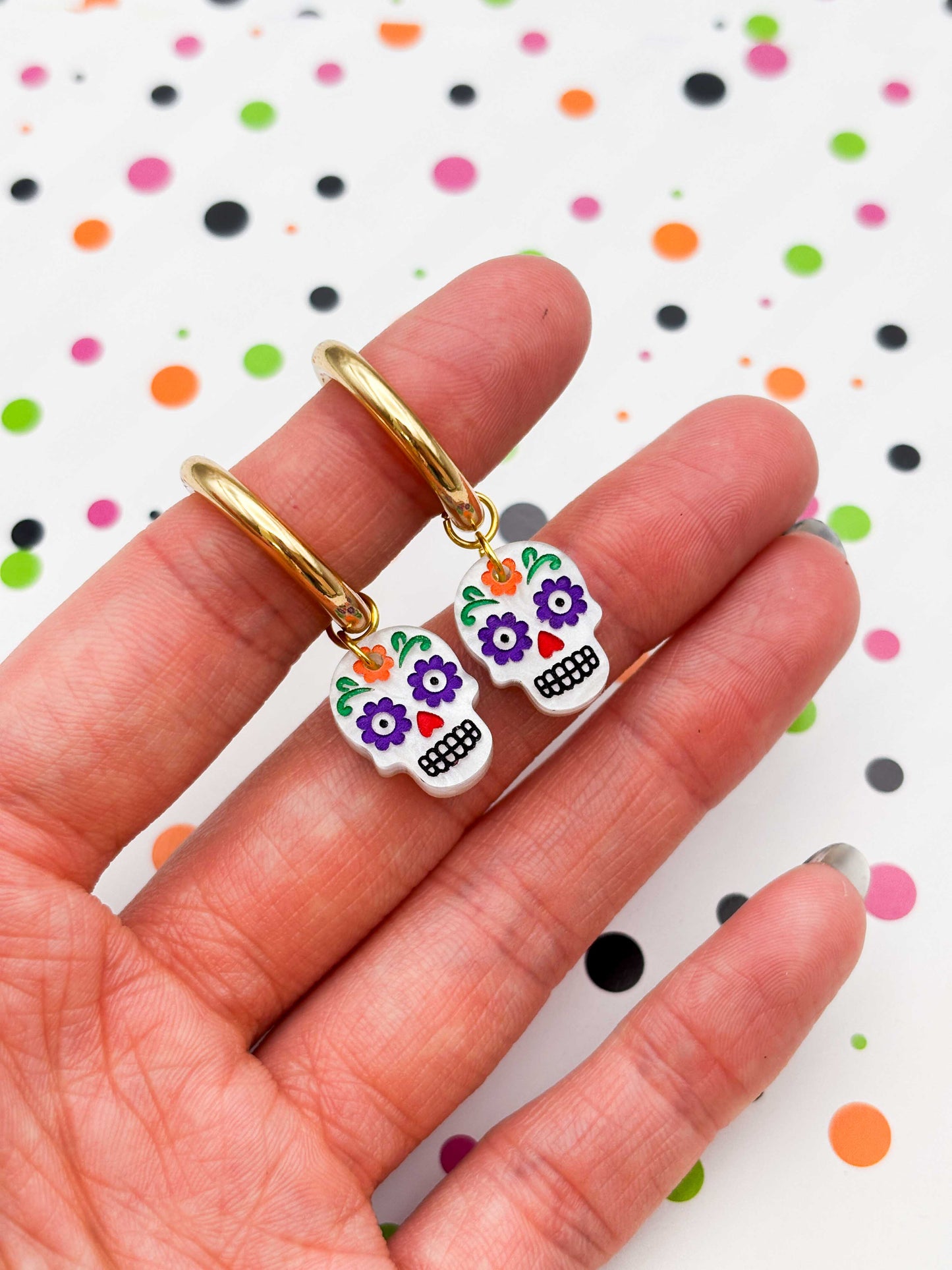 Small Halloween Rainbow Sugar Skull Dangle Earrings