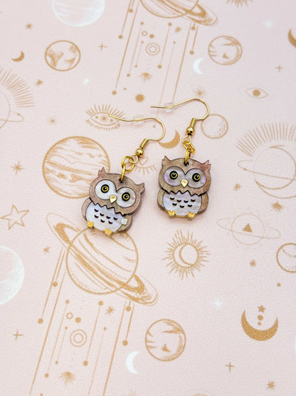 Medium Light Brown Glitter Marble Acrylic Great Horned Owl Dangle Earrings or Necklace – Hypoallergenic Stainless Steel