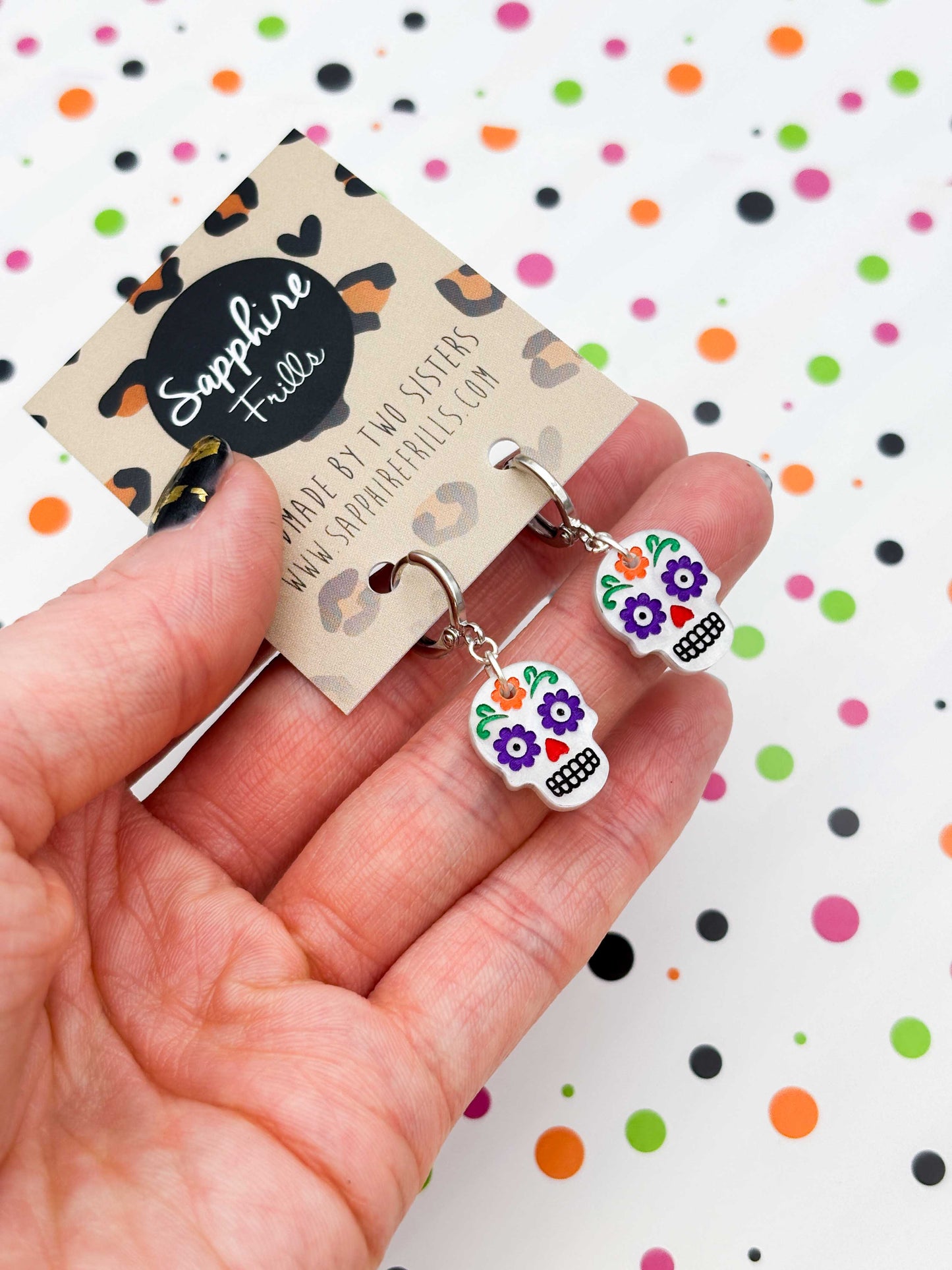 Small Halloween Rainbow Sugar Skull Dangle Earrings