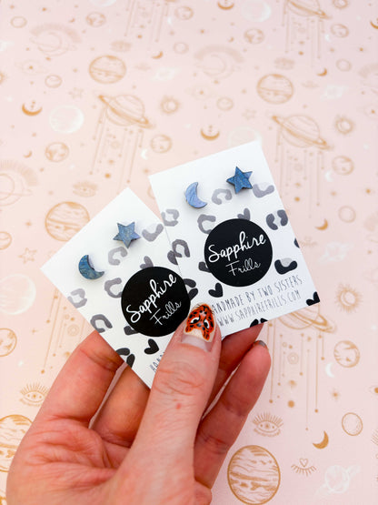 Mini Navy Night Sky Marble Acrylic Mismatch Star and Moon Stud Earrings – Hypoallergenic Stainless Steel