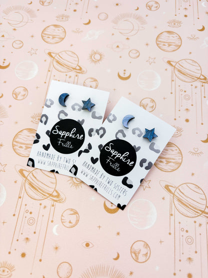 Mini Navy Night Sky Marble Acrylic Mismatch Star and Moon Stud Earrings – Hypoallergenic Stainless Steel