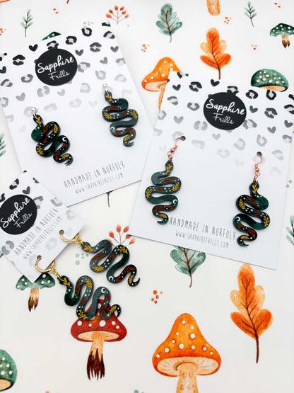 Large Green Whimsical Snake Dangle Earrings or Necklace – Hypoallergenic Stainless Steel