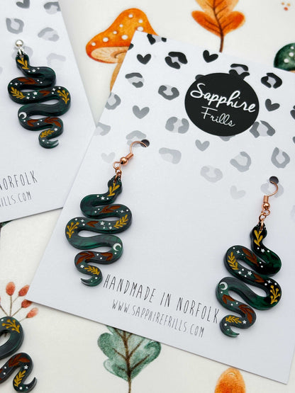 Large Green Whimsical Snake Dangle Earrings or Necklace – Hypoallergenic Stainless Steel