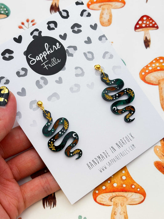Large Green Whimsical Snake Dangle Earrings or Necklace – Hypoallergenic Stainless Steel