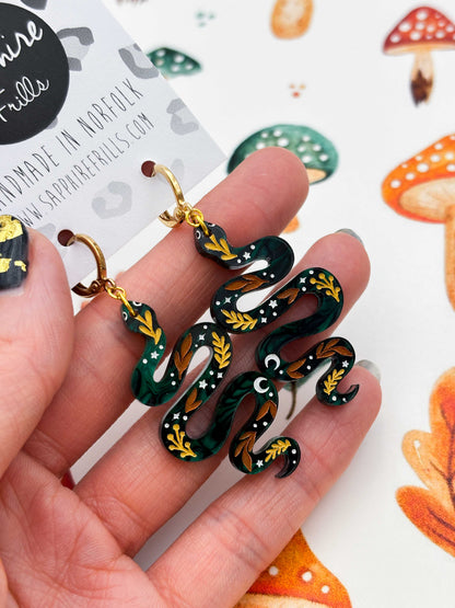 Large Green Whimsical Snake Dangle Earrings or Necklace – Hypoallergenic Stainless Steel