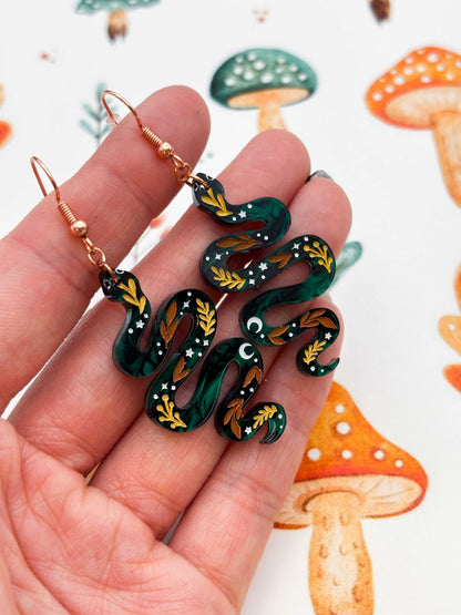 Large Green Whimsical Snake Dangle Earrings or Necklace – Hypoallergenic Stainless Steel