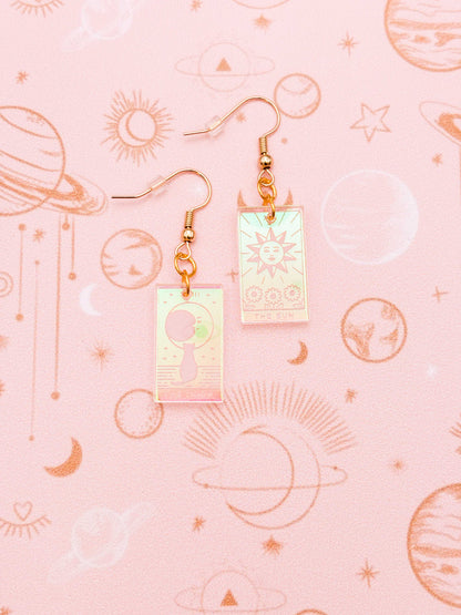 Medium Iridescent Pink Acrylic Tarot Card Dangle Earrings or Necklace – Hypoallergenic Stainless Steel