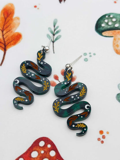 Large Green Whimsical Snake Dangle Earrings or Necklace – Hypoallergenic Stainless Steel