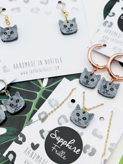 Small British Blue Shorthair Cat Dangle Earrings or Necklace – Hypoallergenic Stainless Steel