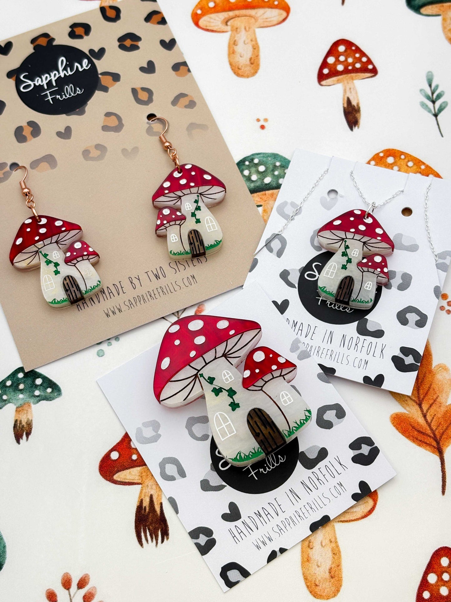 Large Enchanted Toadstool House Dangle Earrings or Necklace – Hypoallergenic Stainless Steel