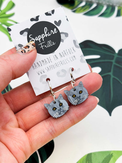 Small British Blue Shorthair Cat Dangle Earrings or Necklace – Hypoallergenic Stainless Steel