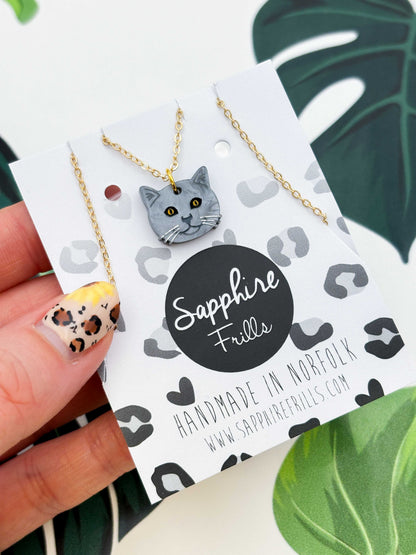 Small British Blue Shorthair Cat Dangle Earrings or Necklace – Hypoallergenic Stainless Steel