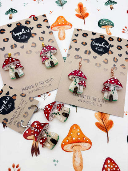 Large Enchanted Toadstool House Dangle Earrings or Necklace – Hypoallergenic Stainless Steel