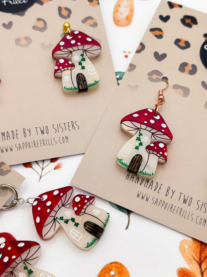 Large Enchanted Toadstool House Dangle Earrings or Necklace – Hypoallergenic Stainless Steel