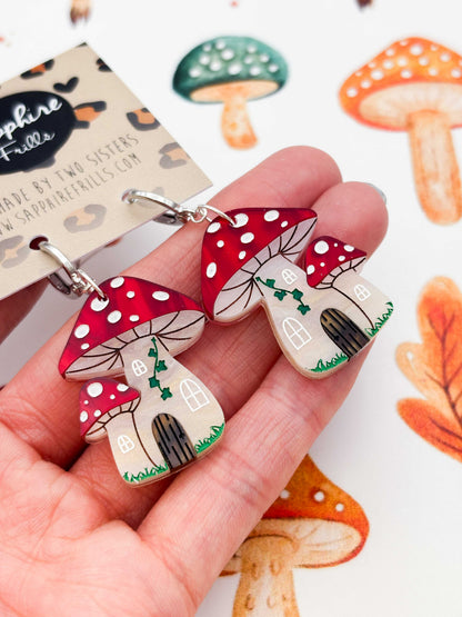 Large Enchanted Toadstool House Dangle Earrings or Necklace – Hypoallergenic Stainless Steel