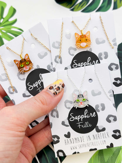 Small Tabby Cat Dangle Earrings or Necklace – Hypoallergenic Stainless Steel