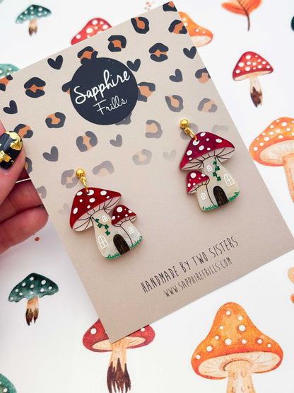 Large Enchanted Toadstool House Dangle Earrings or Necklace – Hypoallergenic Stainless Steel