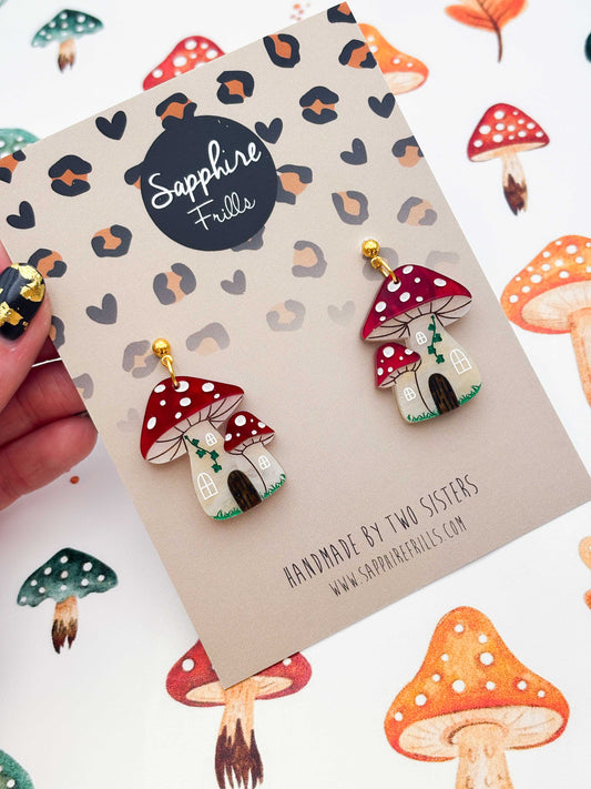 Large Enchanted Toadstool House Dangle Earrings or Necklace – Hypoallergenic Stainless Steel