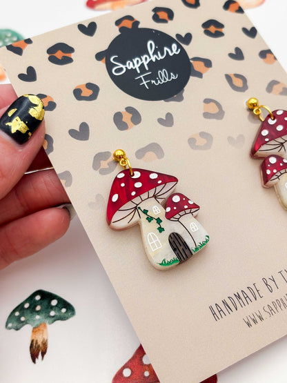 Large Enchanted Toadstool House Dangle Earrings or Necklace – Hypoallergenic Stainless Steel