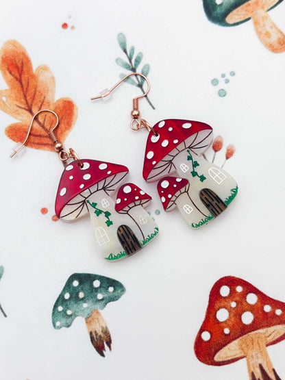 Large Enchanted Toadstool House Dangle Earrings or Necklace – Hypoallergenic Stainless Steel
