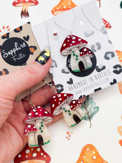 Large Enchanted Toadstool House Dangle Earrings or Necklace – Hypoallergenic Stainless Steel