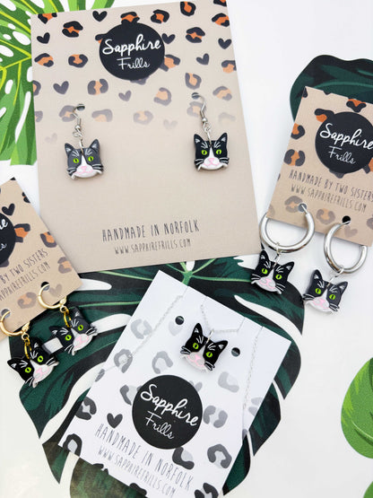 Small Tuxedo Cat Dangle Earrings or Necklace – Hypoallergenic Stainless Steel