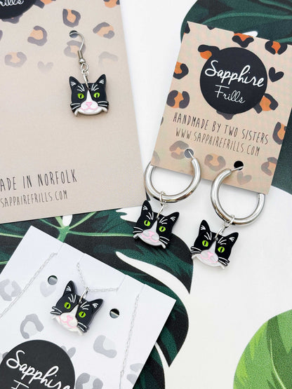 Small Tuxedo Cat Dangle Earrings or Necklace – Hypoallergenic Stainless Steel