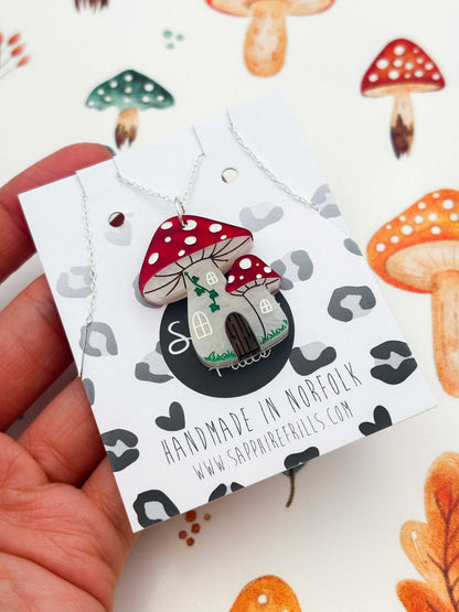 Large Enchanted Toadstool House Dangle Earrings or Necklace – Hypoallergenic Stainless Steel