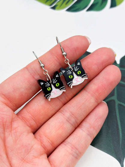 Small Tuxedo Cat Dangle Earrings or Necklace – Hypoallergenic Stainless Steel