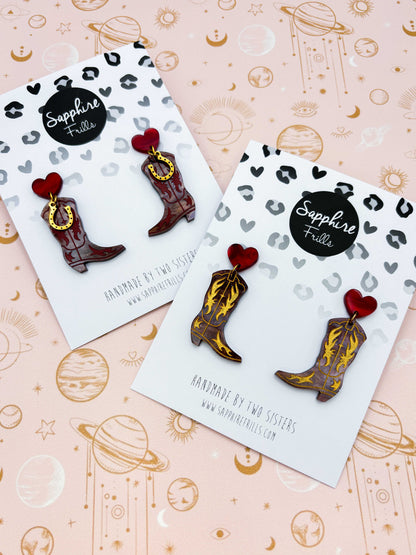 Deep Red and Brown Glitter Marble Heart and Cowboy Boots Dangle Earrings – Hypoallergenic Stainless Steel