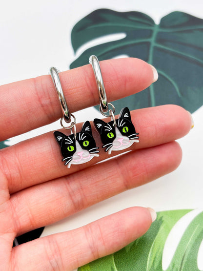 Small Tuxedo Cat Dangle Earrings or Necklace – Hypoallergenic Stainless Steel