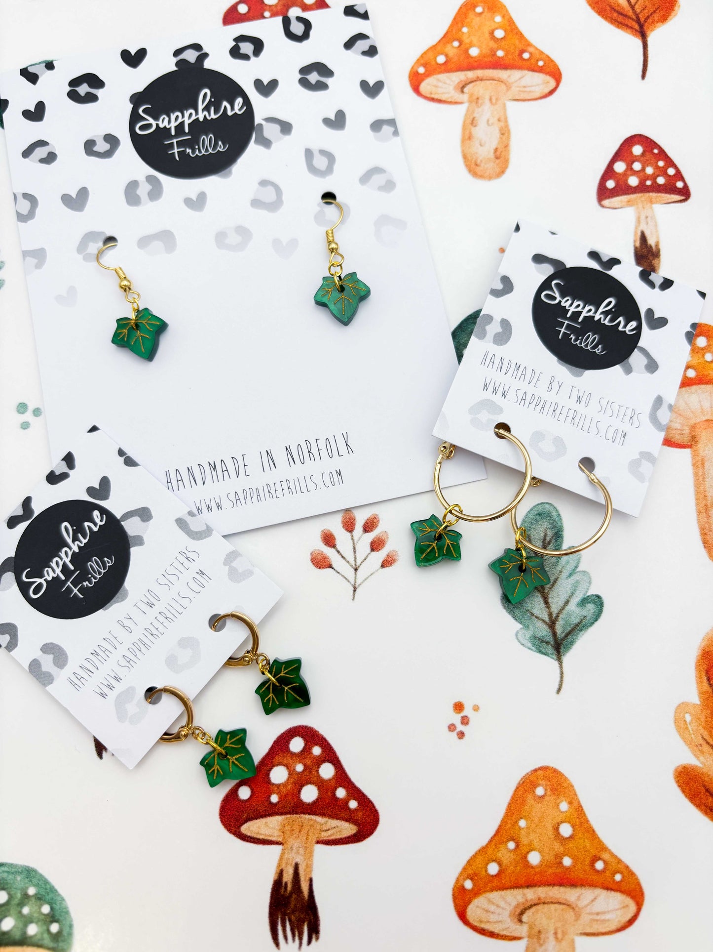 Mini Emerald Marble Ivy Leaf Dangle Earrings or Necklace – Hypoallergenic Stainless Steel