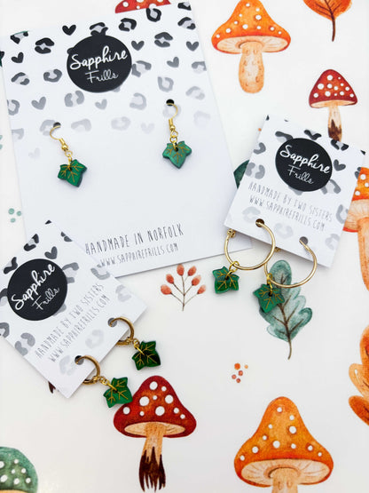 Mini Emerald Marble Ivy Leaf Dangle Earrings or Necklace – Hypoallergenic Stainless Steel