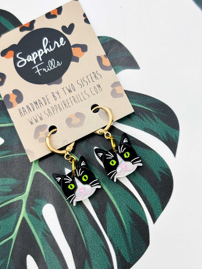 Small Tuxedo Cat Dangle Earrings or Necklace – Hypoallergenic Stainless Steel