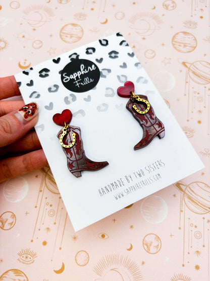 Deep Red and Brown Glitter Marble Heart and Cowboy Boots Dangle Earrings – Hypoallergenic Stainless Steel