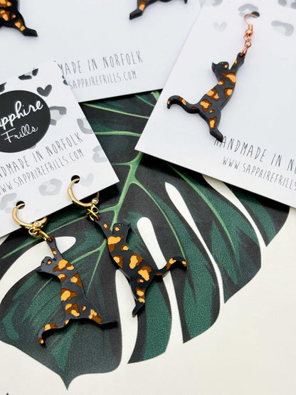 Large Tortoise Shell Cat Silhouette Dangle Earrings or Necklace – Hypoallergenic Stainless Steel