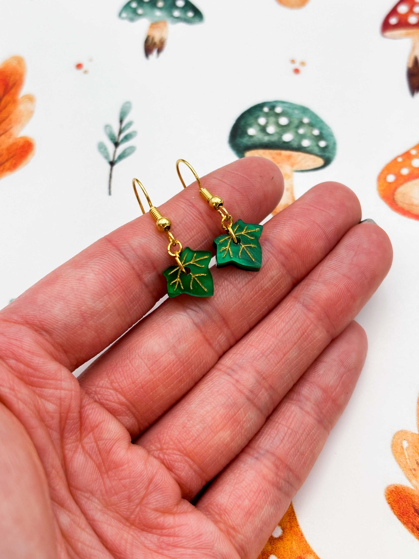 Mini Emerald Marble Ivy Leaf Dangle Earrings or Necklace – Hypoallergenic Stainless Steel