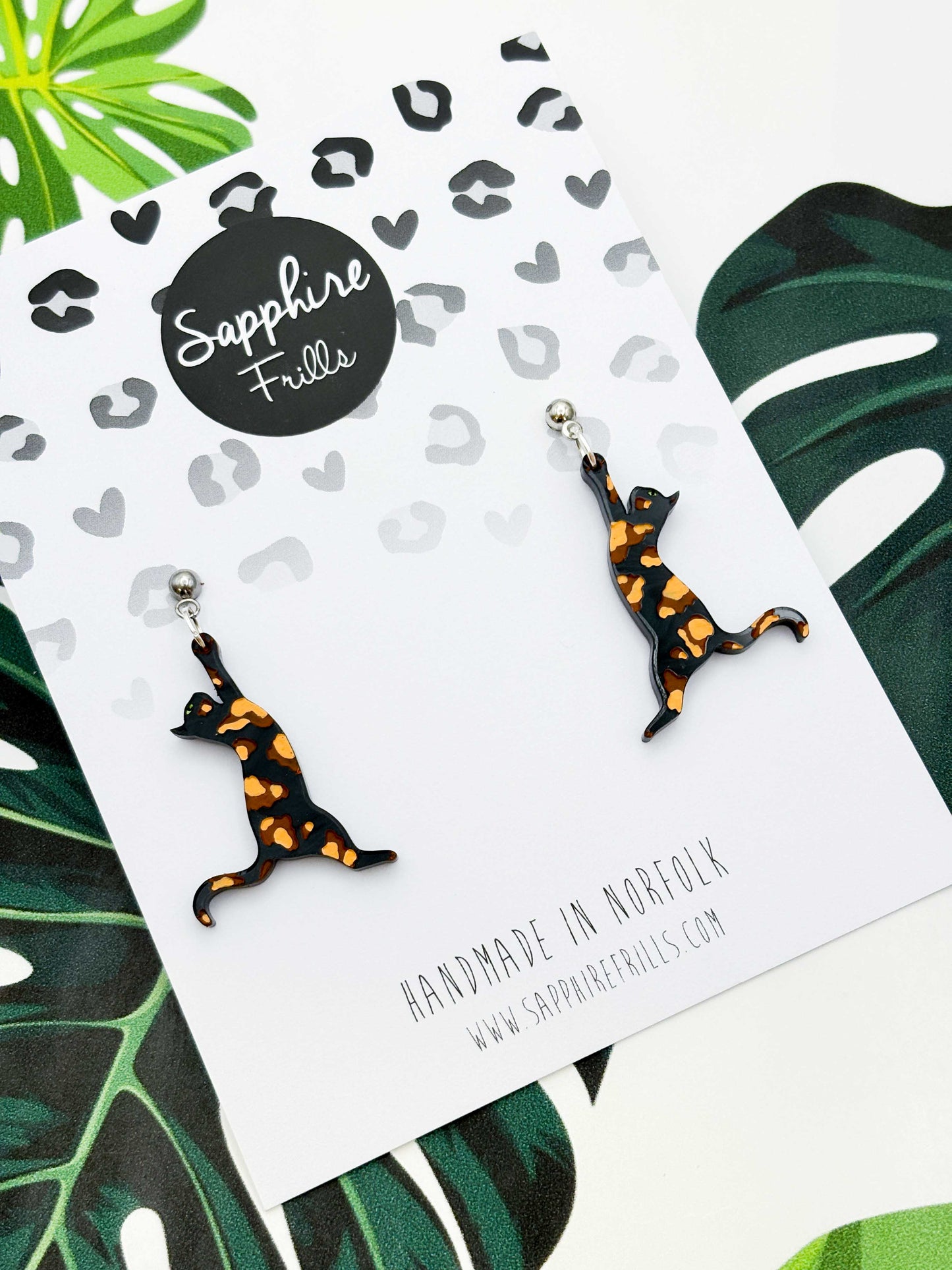 Large Tortoise Shell Cat Silhouette Dangle Earrings or Necklace – Hypoallergenic Stainless Steel