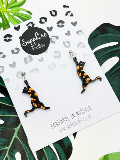 Large Tortoise Shell Cat Silhouette Dangle Earrings or Necklace – Hypoallergenic Stainless Steel