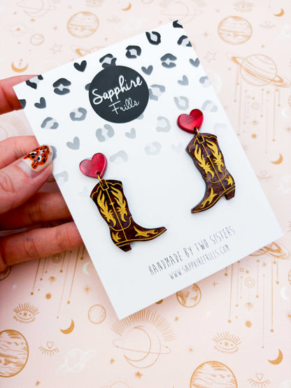 Deep Red and Brown Glitter Marble Heart and Cowboy Boots Dangle Earrings – Hypoallergenic Stainless Steel