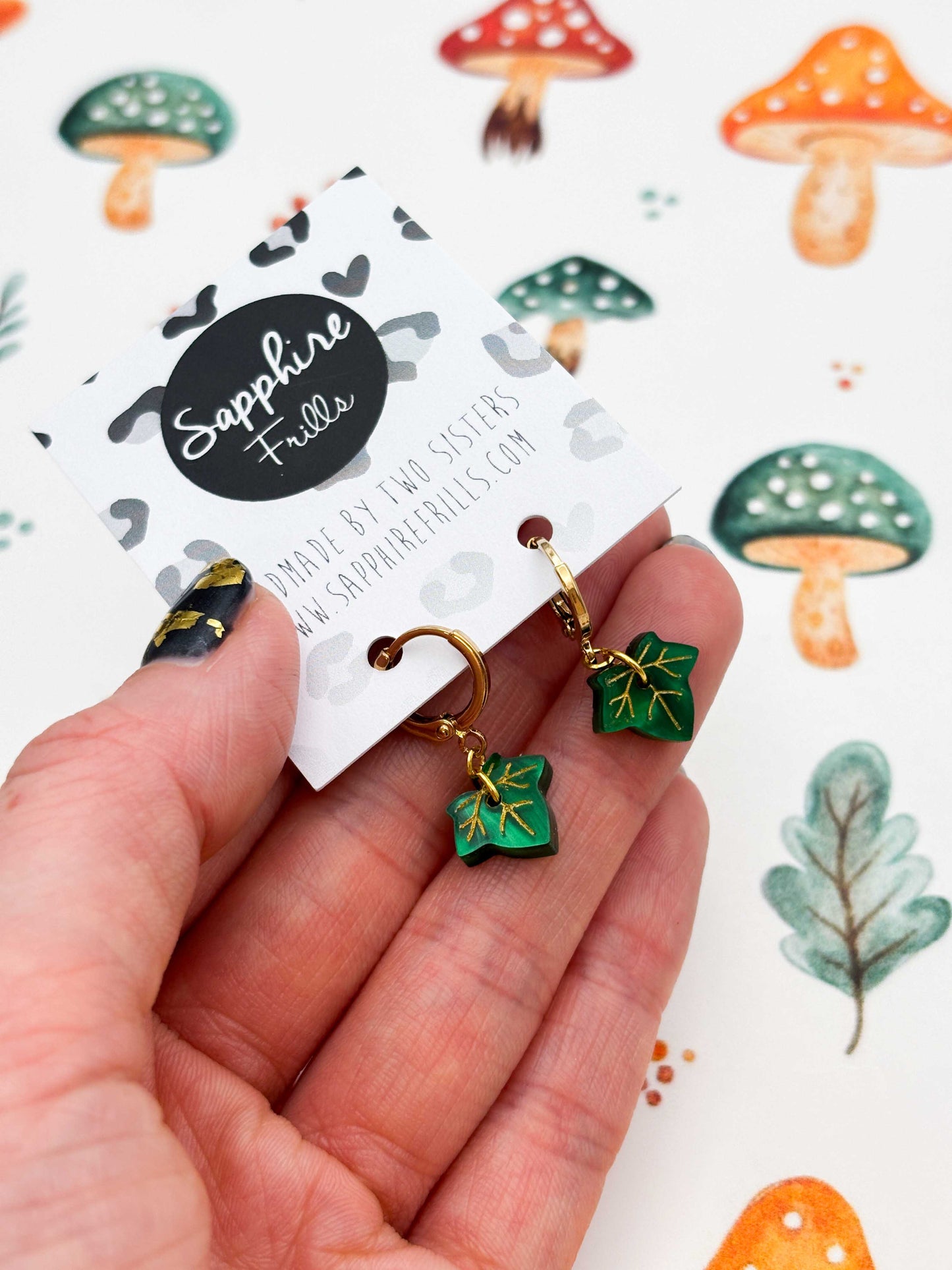 Mini Emerald Marble Ivy Leaf Dangle Earrings or Necklace – Hypoallergenic Stainless Steel