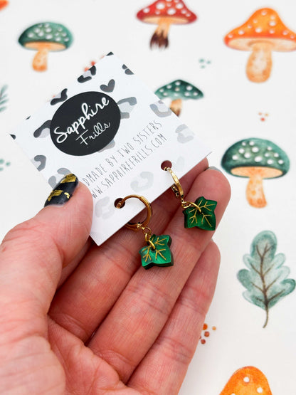 Mini Emerald Marble Ivy Leaf Dangle Earrings or Necklace – Hypoallergenic Stainless Steel