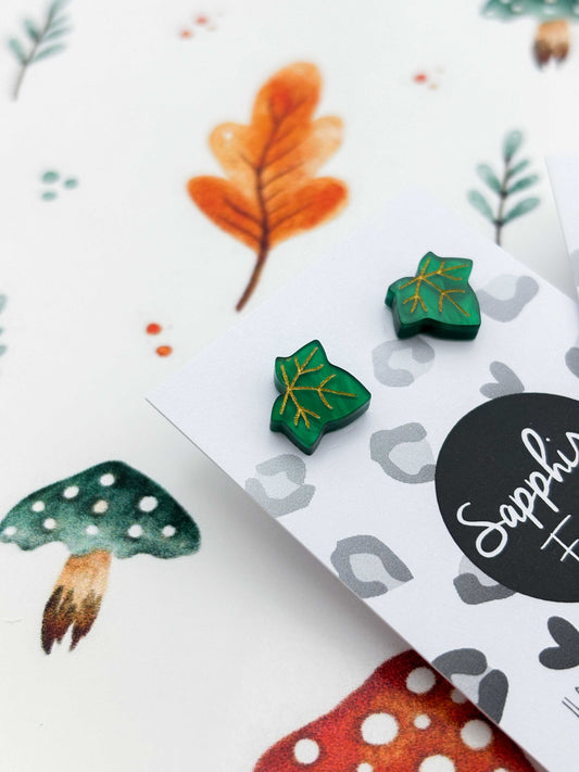 Mini Emerald Marble Ivy Leaf Stud Earrings – Hypoallergenic Stainless Steel