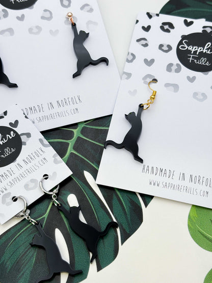 Large Black Cat Silhouette Dangle Earrings or Necklace – Hypoallergenic Stainless Steel