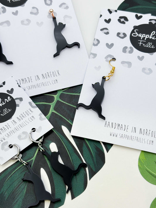 Large Black Cat Silhouette Dangle Earrings or Necklace – Hypoallergenic Stainless Steel