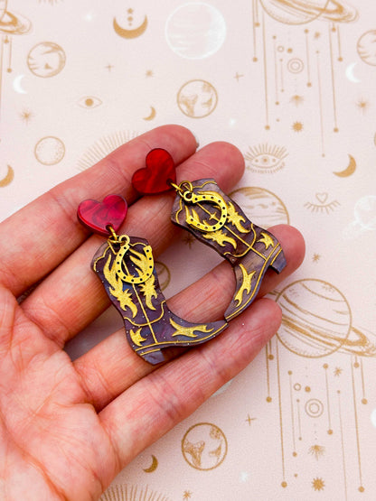Deep Red and Brown Glitter Marble Heart and Cowboy Boots Dangle Earrings – Hypoallergenic Stainless Steel