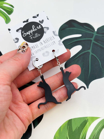 Large Black Cat Silhouette Dangle Earrings or Necklace – Hypoallergenic Stainless Steel