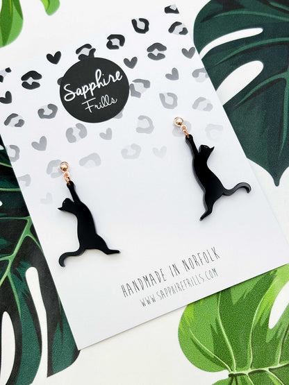 Large Black Cat Silhouette Dangle Earrings or Necklace – Hypoallergenic Stainless Steel
